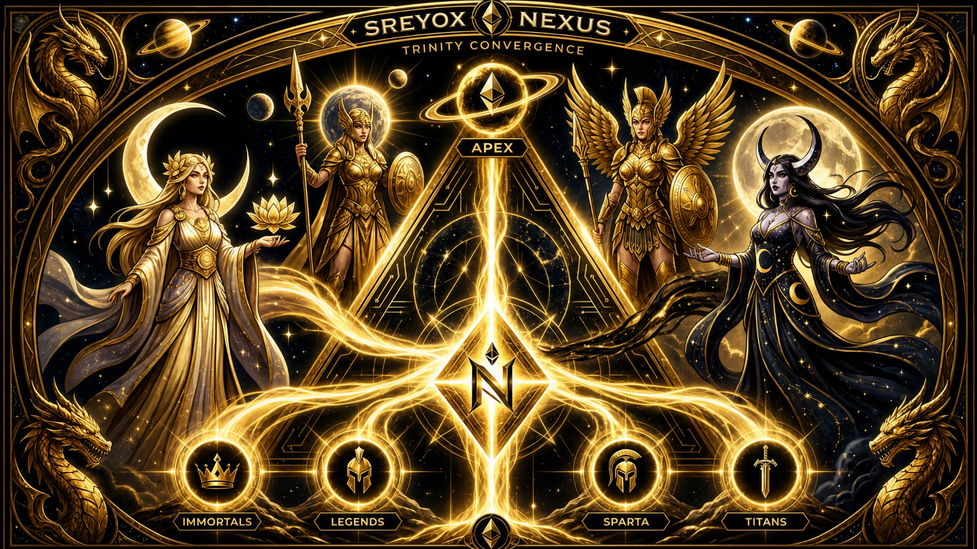 Maiden, Valkyra, and Nyxara channeling golden current into the four League pillars