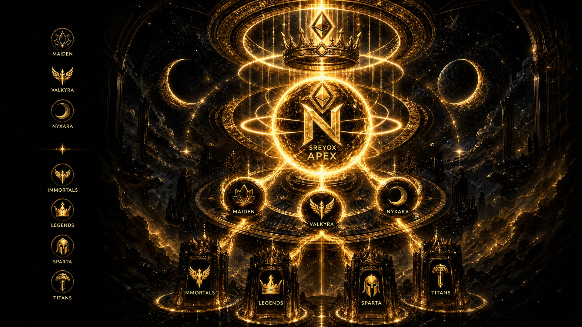 Srey0x Apex liquidity core radiating golden currents into the four pillars