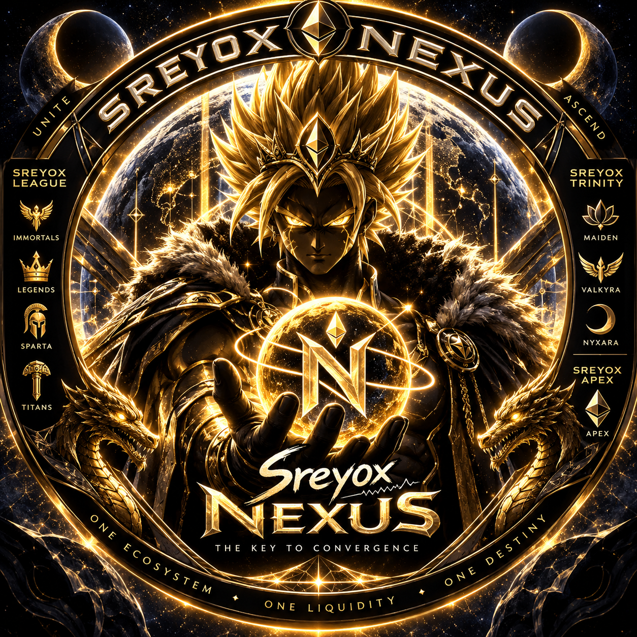 Circular Srey0x Nexus emblem showing the League, Trinity, and Apex layers